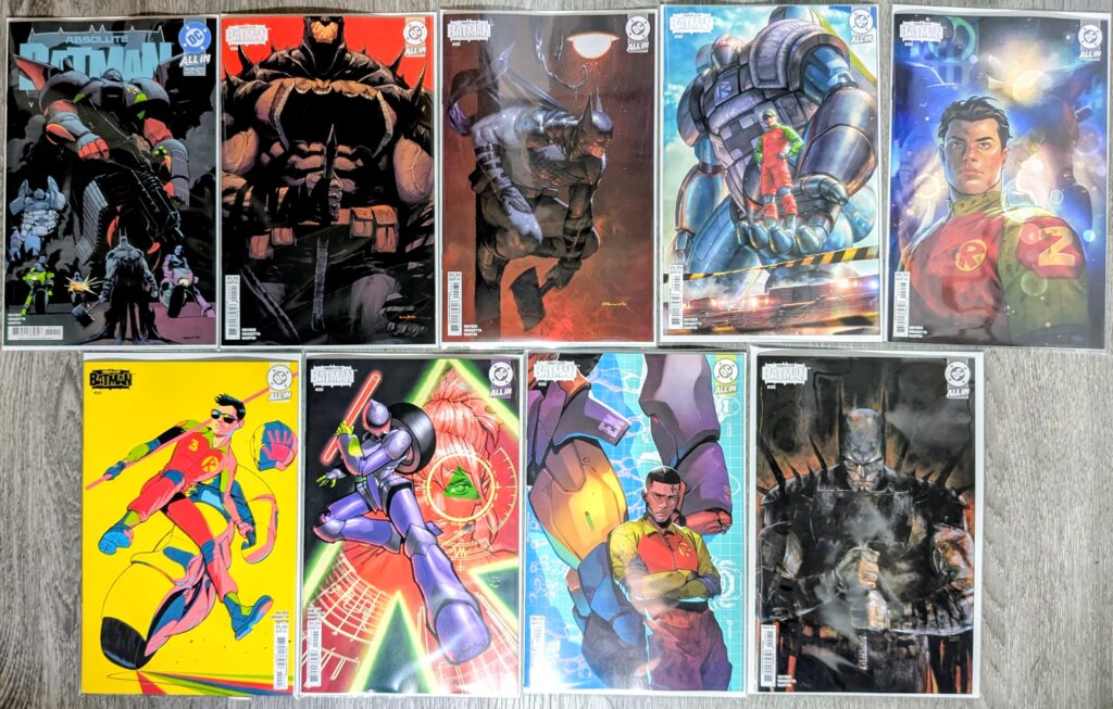 Absolute Batman #20 comic book covers A-I.
A - Nick Dragotta
B - Kris Anka
C - @FabrizioArtist
D - @KyuYongEom
F - @ArtofNickRobles
G - @javiercaster
H - @RYagawa
I - @jahnoyl
E - Martin Simmonds (1:25)