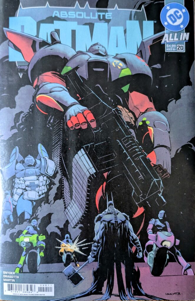 Absolute Batman #20 comic book cover A. Shows the back of Absolute Batman as he faces Absolute Robins, including two large mechs.