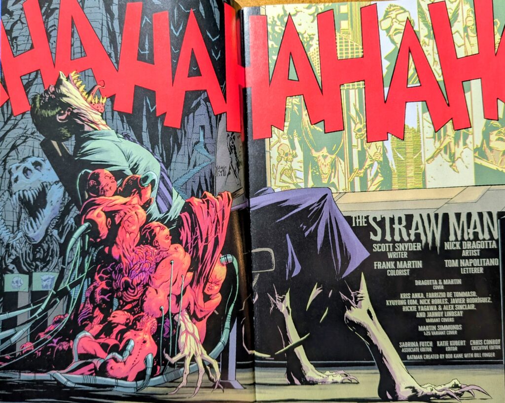 Absolute Joker, who appears as a monster with sharp teeth and a long tongue, sitting, watching, and laughing loudly as he watches many screens of recent Absolute Batman occurrences