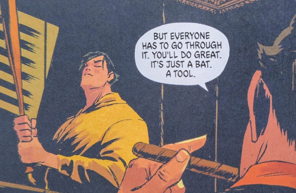 A flash back of Bruce Wayne using a (baseball) bat as a tool when he was forced to be an enforcer for the mob.