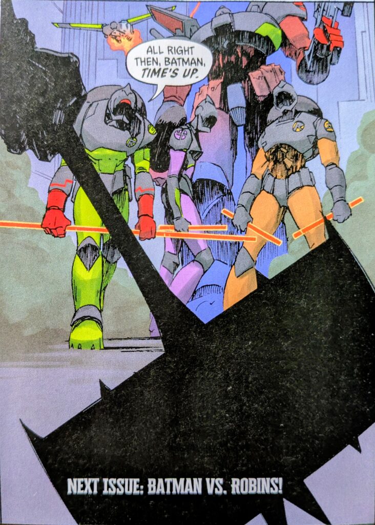 Absolute Robins appearing in various forms telling Absolute Batman that his time is up as we look past Absolute Batman's axe.