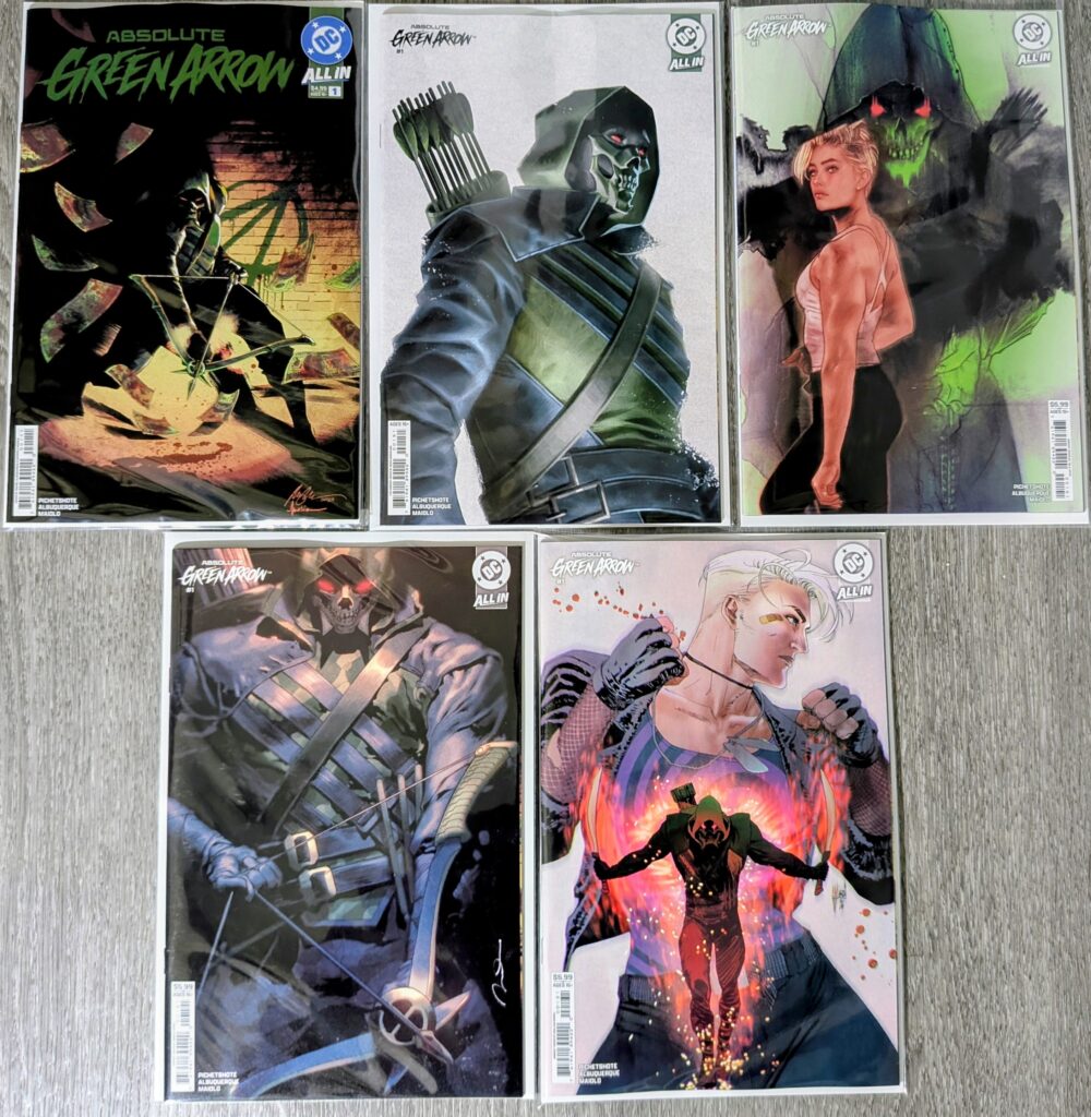 An image showing three comic covers that released on day one. Absolute Green Arrow covers A, B, C, D, and H