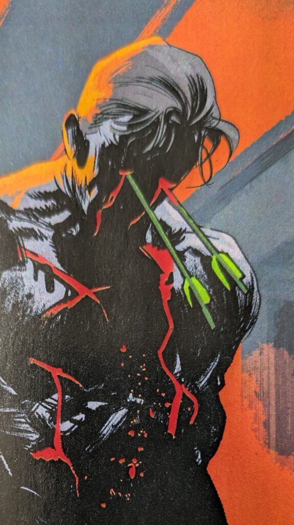 Dead bad guy with green arrows in his eyes.