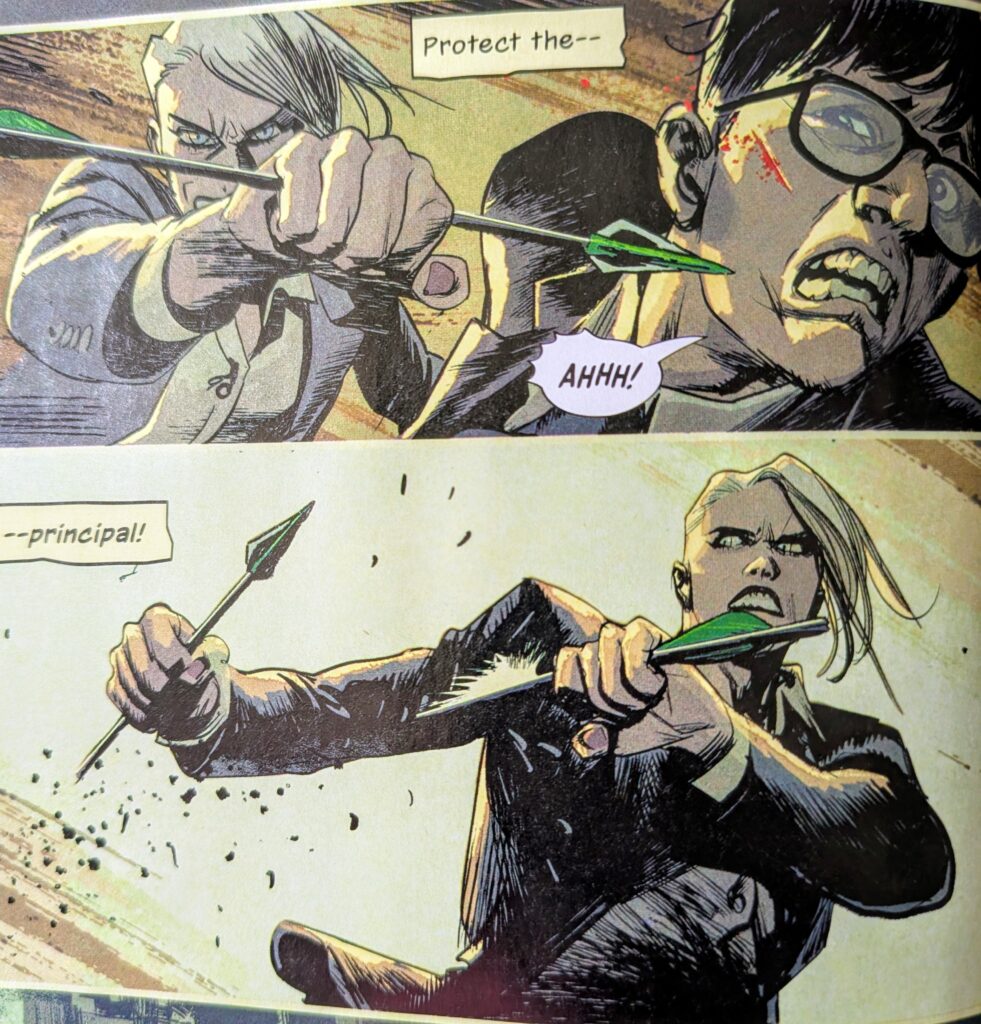 Absolute Black Canary action scene. Two panels of her catching and breaking a poison tipped green arrow that just nicks the man she is protecting.