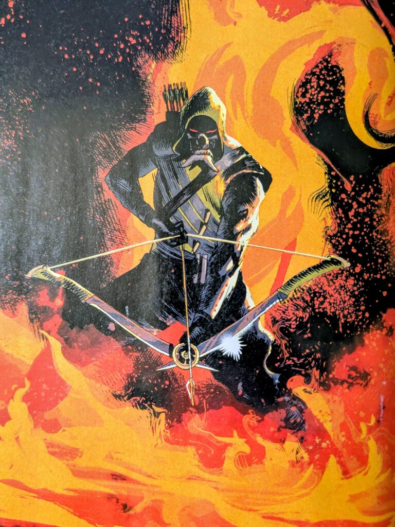 Absolute Green Arrow in a aura farming stance with his bow pointed down and drawn