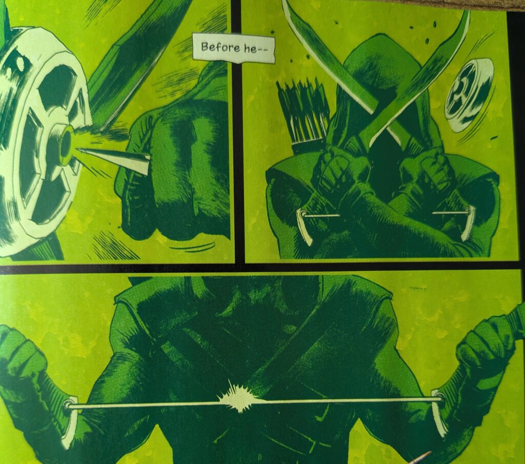 Three panels in green showing Absolute Green Arrow converting his bow into a weapon of two blades attached with a bow string.