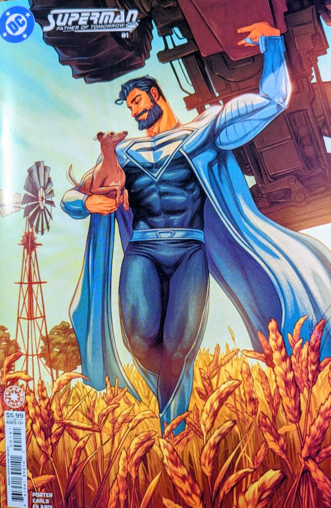 Superman Father of Tomorrow Cover D comic book cover. Superman is holding a dog and a tractor in the middle of a wheat field.