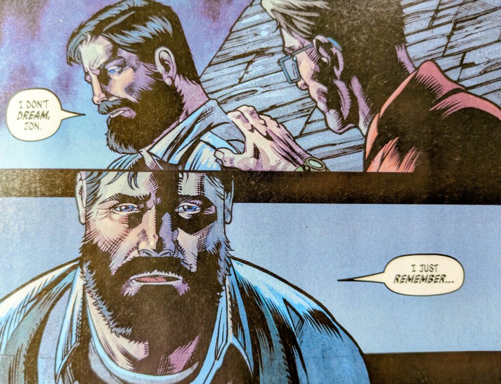 Jonathan Kent sitting beside his adoptive brother Jor-El / Jordan Kent comforting him as he remembers the family and world he has lost.