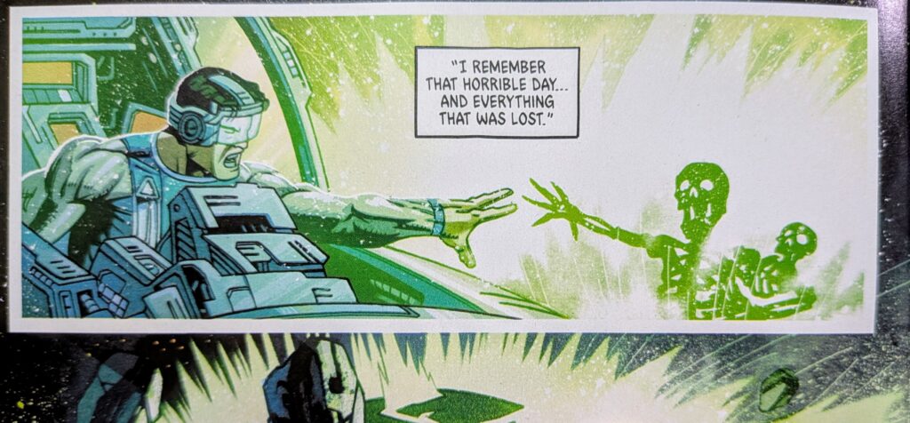 A flash of green showing the skeletons of a mother and her child while Jor-El reached out from his spaceship. This is a flashback scene of Jor-El remebering everything that was lost.