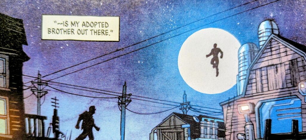 A scene of the Kent farm at night with Jor-El / Jordan Kent flying in front of the moon over the barn while the silhouette of his adoptive brother, Jonathan Kent, walks out to check on him.