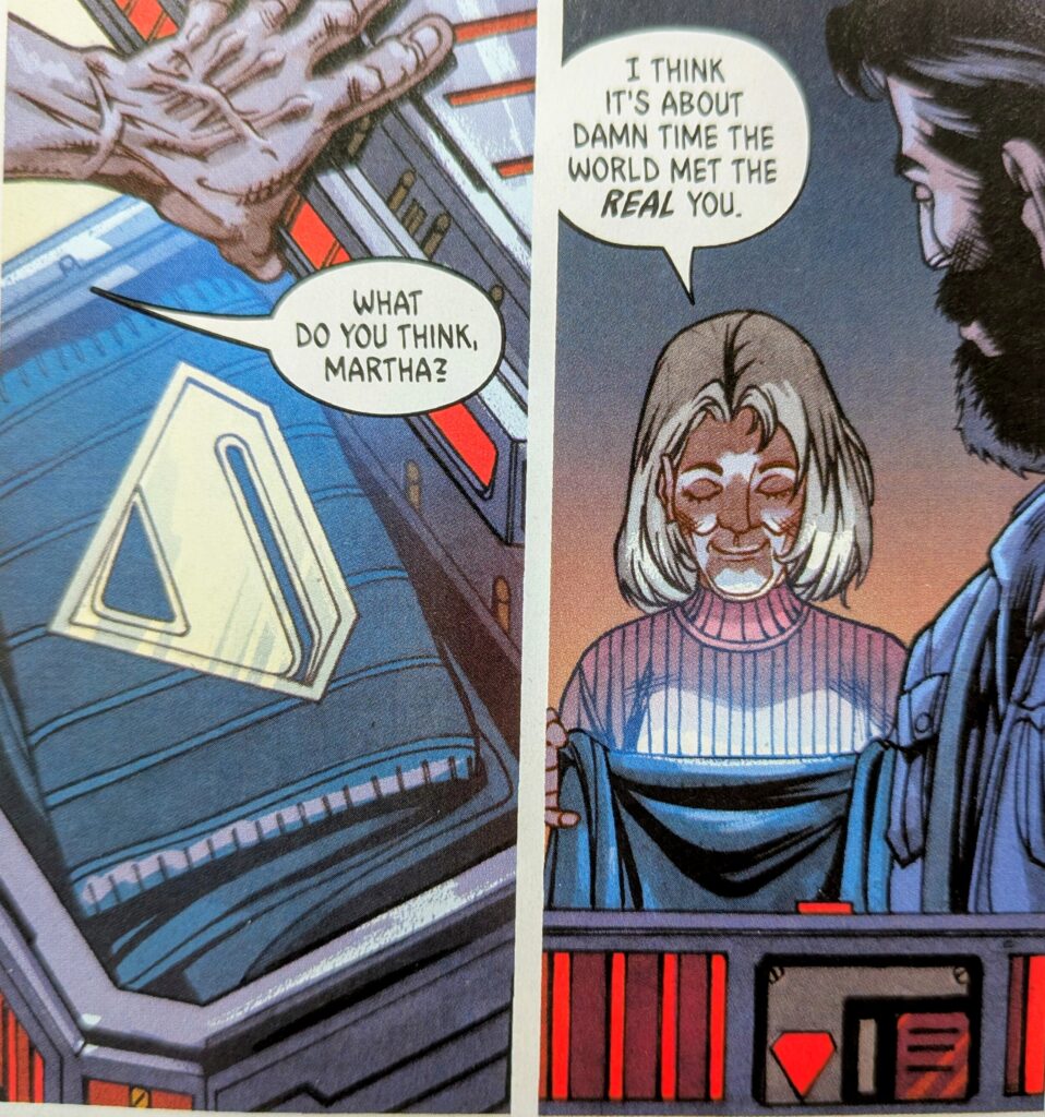 Opening a futuristic crate to reveal a variation of the Superman Symbol and Martha Kent stating that its time for the world to meet the real him (Jor-El / Jordan Kent)