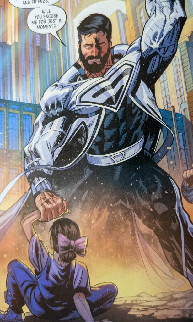 Jor-El as Superman holding something heavy to save a young Louis Lane.