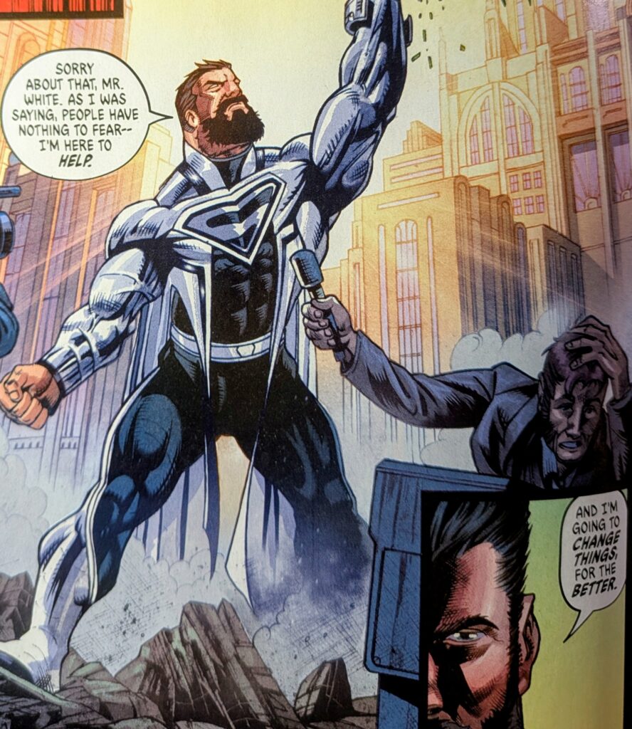 Jor-El in a silver and black Superman like suit saving the city.