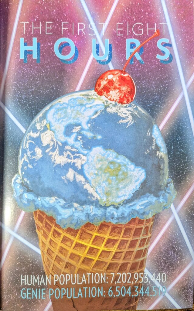 The earth in an ice cream shape with a cone and a cherry on top showing that the Human Population is 7,202,953,440 and the Genie Population is 6,504,344,519