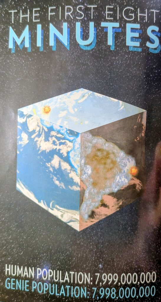 The earth in a cube shape showing that the Human Population is 7,999,000,000 and the Genie Population is 7,998,000,000