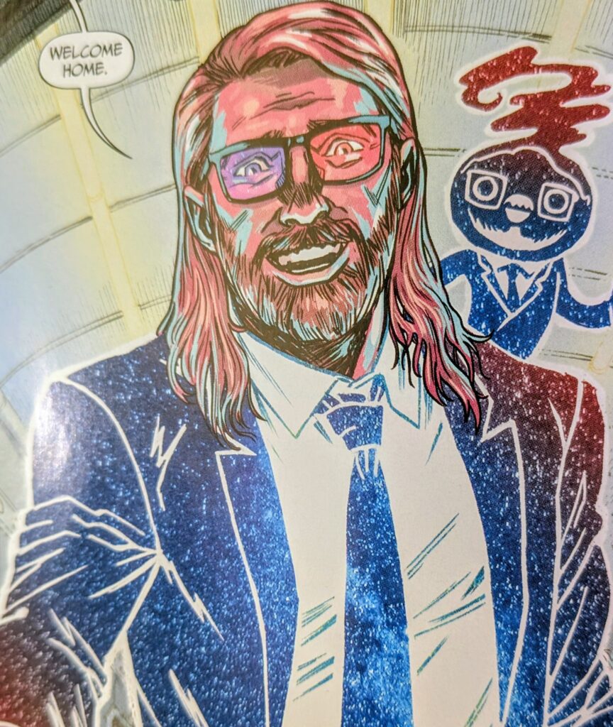 The idea man with his red and blue lensed black glasses and night sky / genie like suit facing the reader and welcoming someone home.