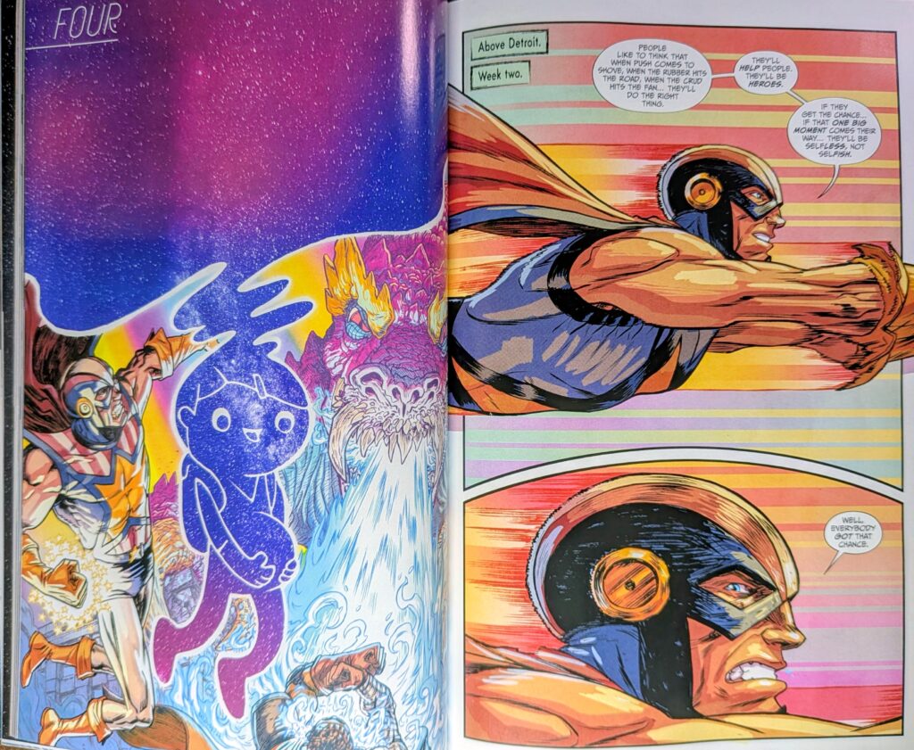 Showing double page to introduce part 4. On the left we have a super hero fighting a colorful purple Godzilla like creature with a pregnant genie in the foreground. The right side is the superhero flying and talking.