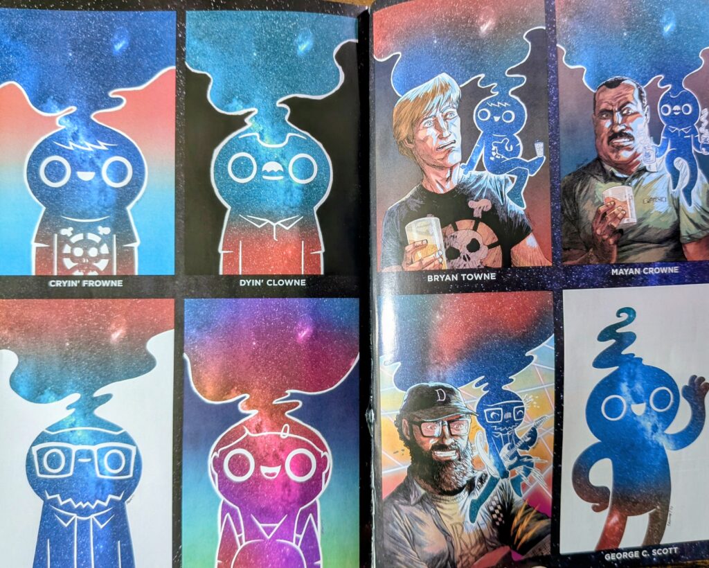 Double page showing 8 different genies doing different things in 8 even rectangles/panels with names like Cryin' Frowne, Dyin' Clowne, Byan Towne, Mayan Crowne etc.