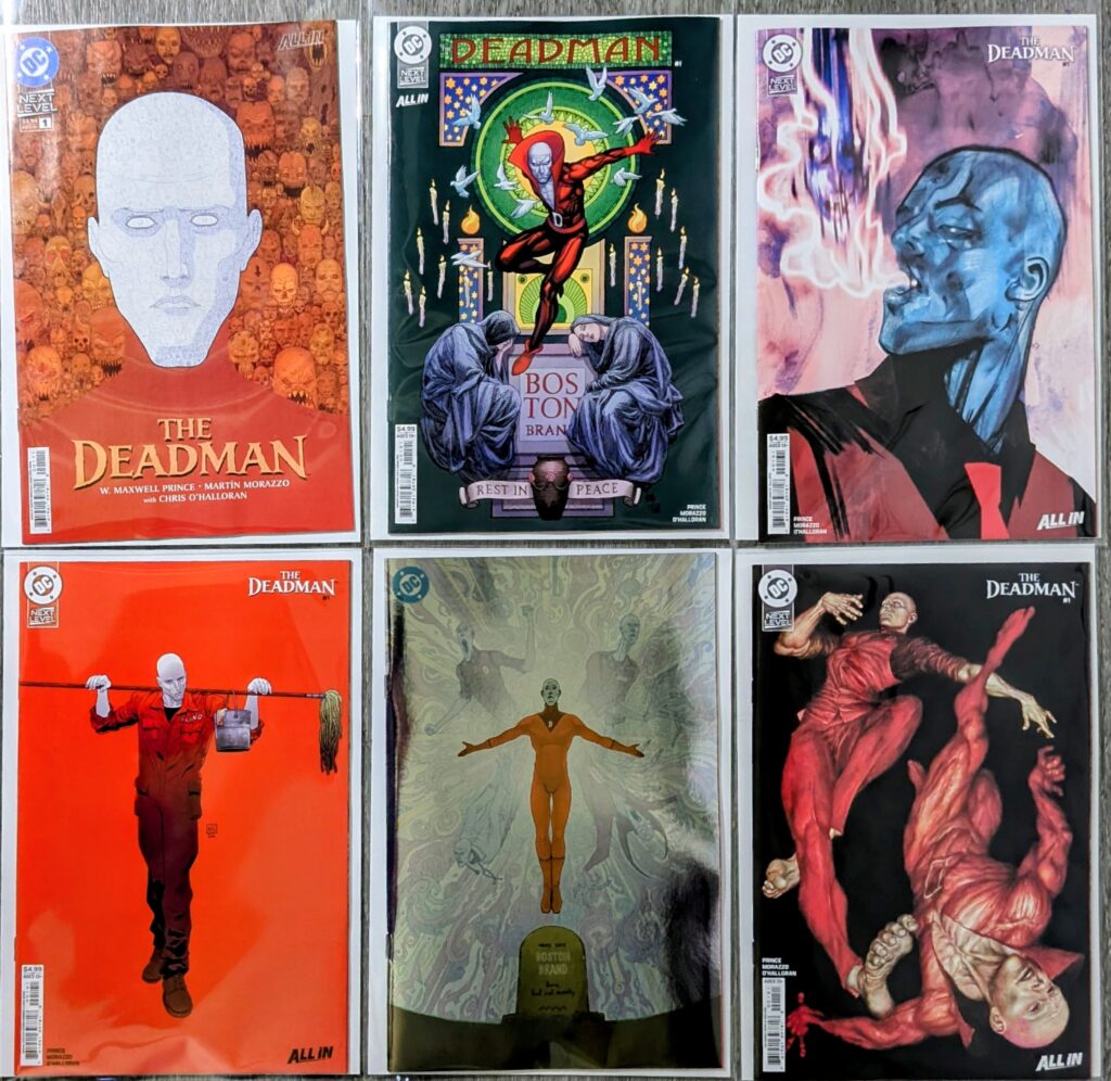 Six comic covers for The Deadman #1. Covers A, B by Frank Cho, C by Tula Latay, D by Hayden Sherman, E foil by Martin Morazzo, and G 1:25 by Mike Choi