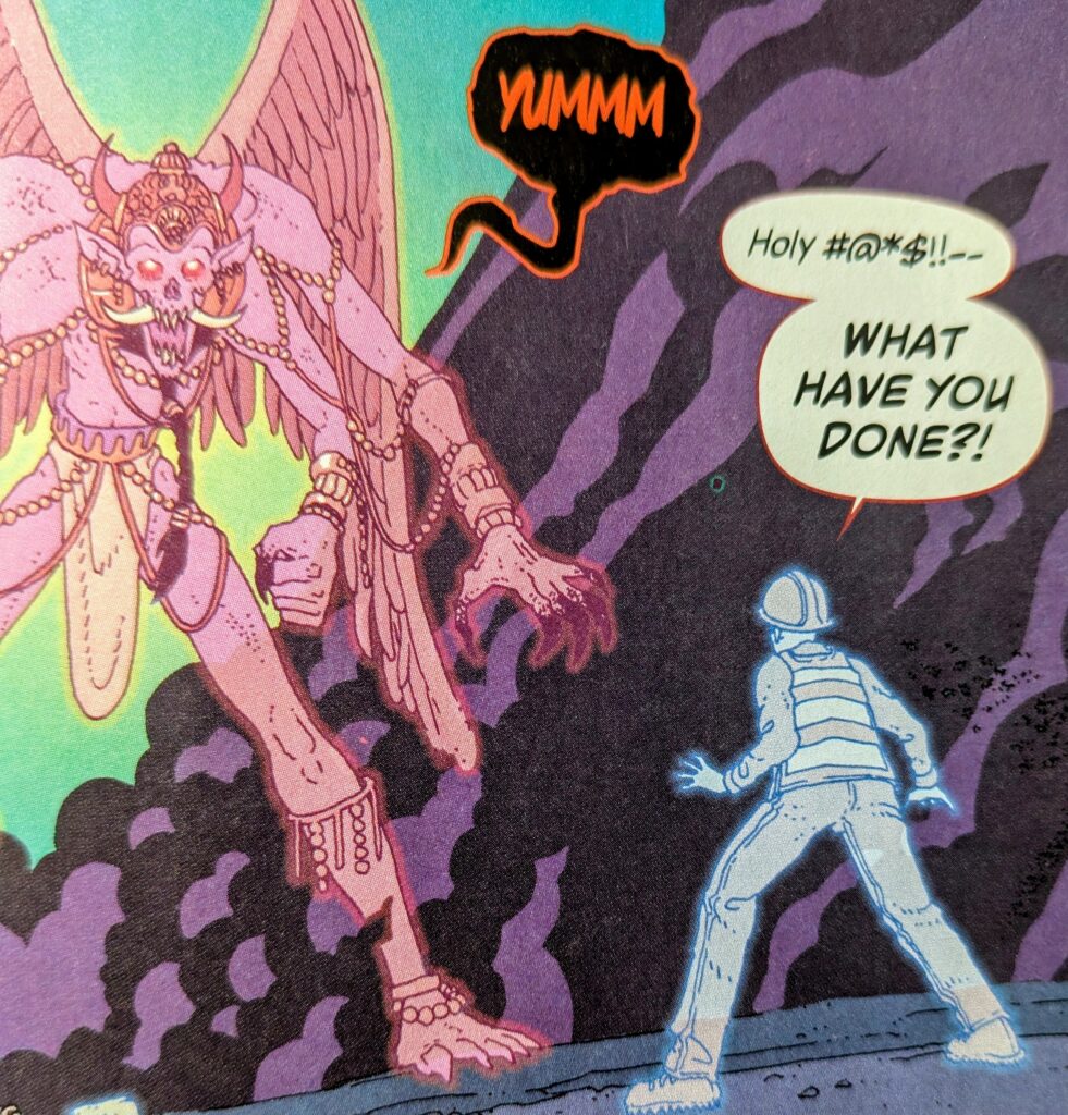 The Deadman surprised by the action of a pink glowing demon.