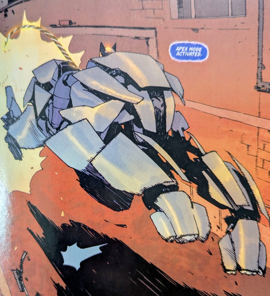 The Wild Cat vehicle bouncing forward in a cat like way with Absolute Catwoman on its back.