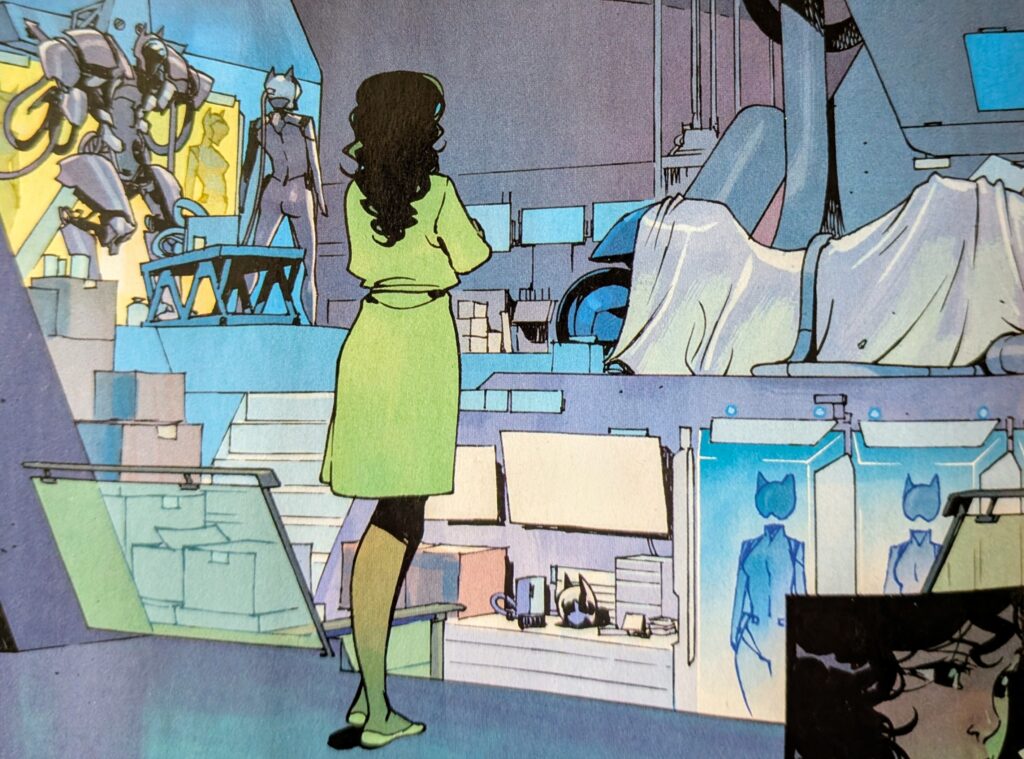 Selina Kyle, Absolute Catwoman looking at her Cat Cave full of suits, mech suits, mysterious vehicles and items etc. 