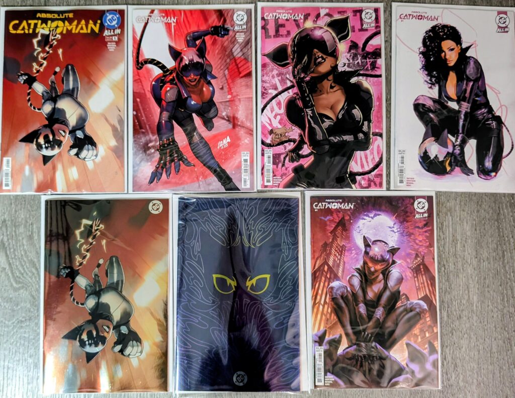 Absolute Catwoman #1 comic book covers
A & E): @bengal_art 
B : David Nakayama
C : Kaare Andrews
D : @SOZOMAIKA
F : logo
H (1:25) : @tintanega