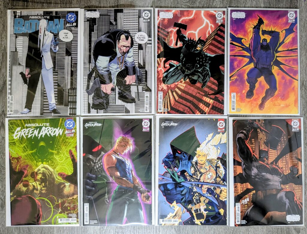 An image showing 5 Absolute Batman #21 comic book covers, and three Absolute Green Arrow #1 comic book covers.