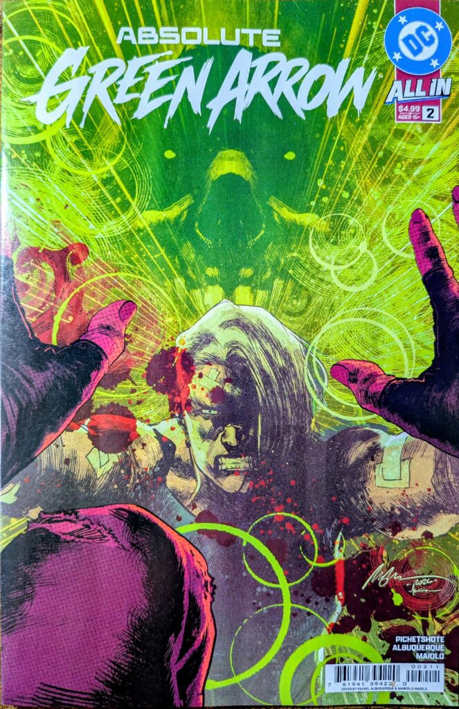 Absolute Green Arrow #2 comic book cover A depicting Absolute Black Canary beat up, bandaged up, bloody leaning against and looking into a mirror. However, Absolute Green Arrow is also in the mirror looming over her as a giant, strikingly green head.