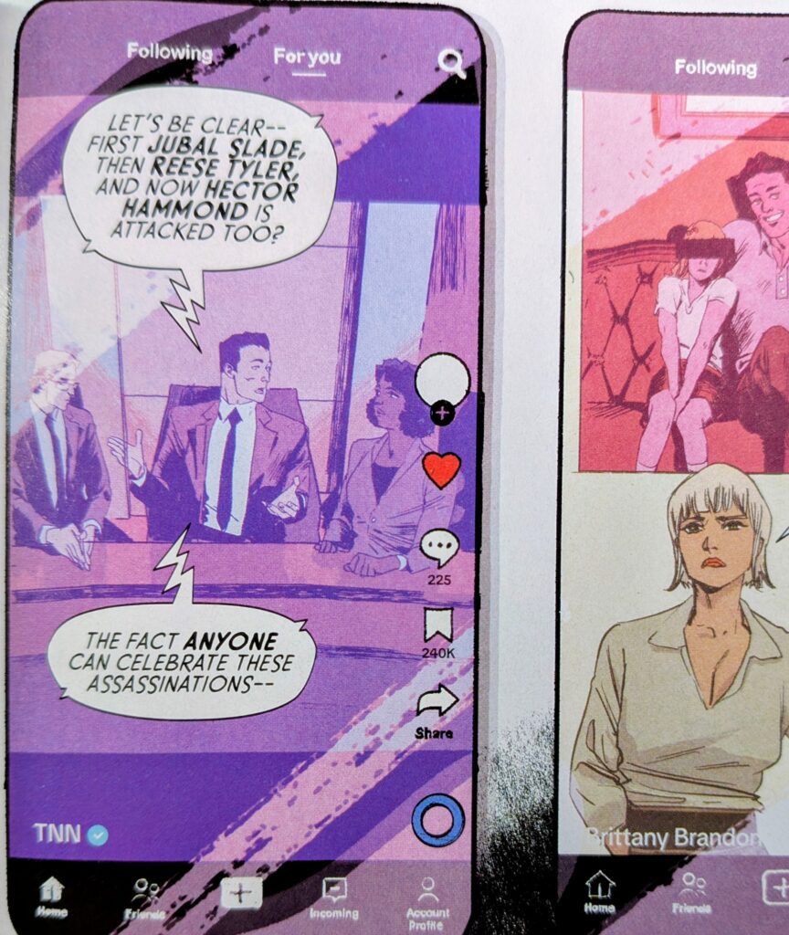 Comic panels done as cell phones showing media coverage and tik tok like images discussing the execution of the rich, and potentially evil. They are discussing whether their deaths should be celebrated.