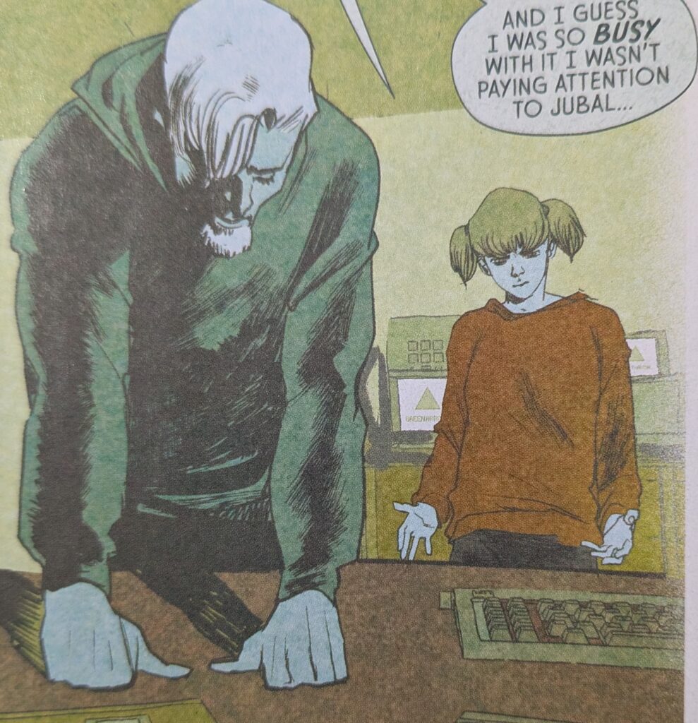 A flashback to Oliver Queen, striking a visual tone that mimics old comic book paper, in denial about his business partner Jubal taking advantage of young girls.