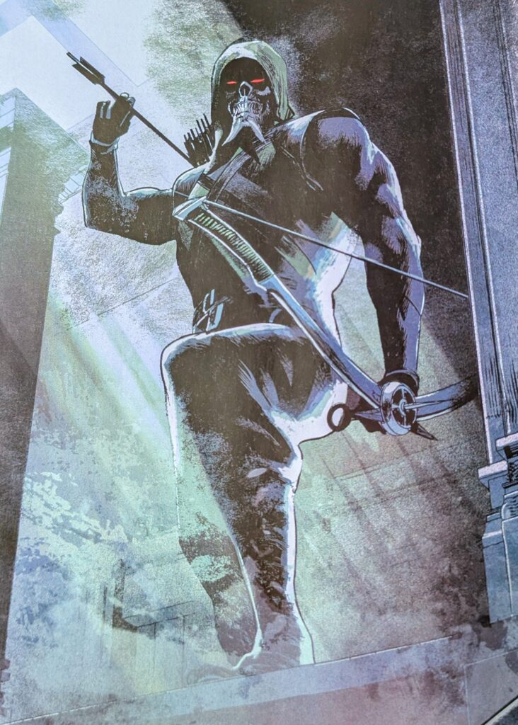 A dark, ominous image of Absolute Green Arrow with red eyes and a skull like mask pulling an arrow from his quiver.