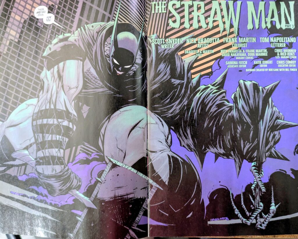 The title page for Straw Man part 3 that features Absolute Batman holding his axe in one hand while his other had looks spikey rapped in his cape.