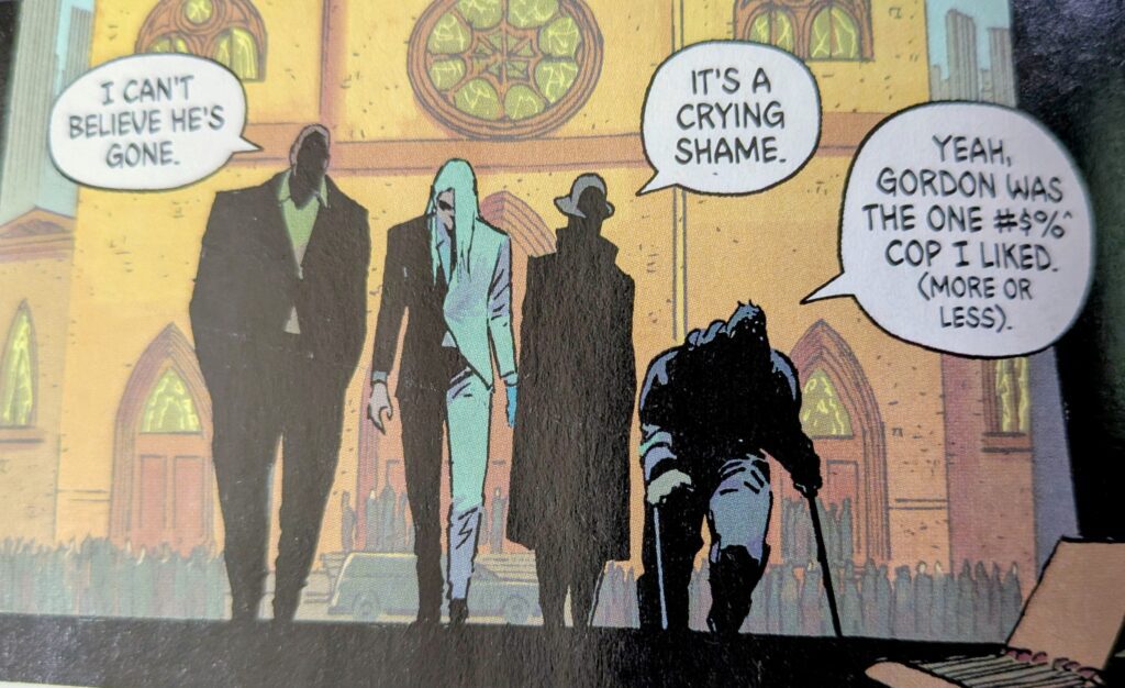 Absolute Killer Croc, Absolute Two Face, Absolute Riddler, and Absolute Penguin leaving Gordon's funeral.