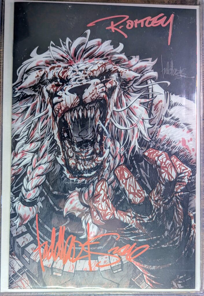 Battle Beast #1 Todd Beats variant signed by Ryan Ottley and Todd Beats. This book looks dramatically better in person, photos or videos never do it justice.