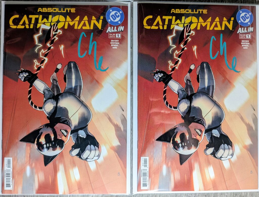 Two Absolute Catwoman #1 comic book cover As signed by Che Grayson.