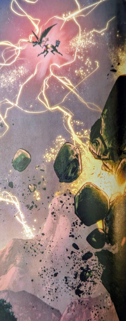 Absolute Superman and Absolute Hawkman fight King Shazam in the air with lightening all around them, destroying the ground below them.