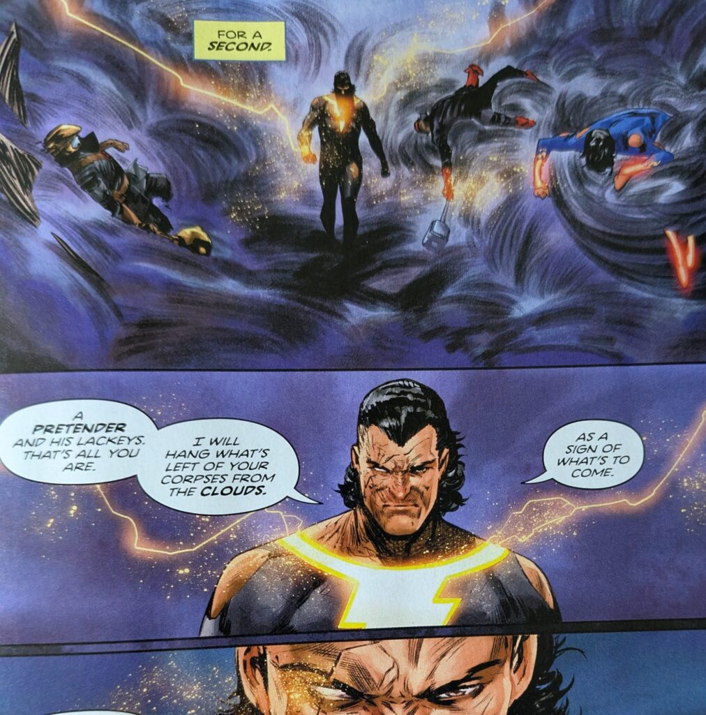 King Shazam beating the three heroes at the moment as we slowly zoom in on his face.