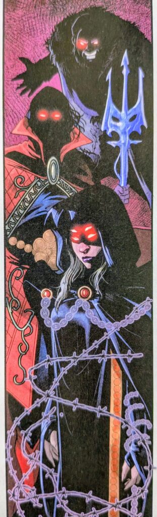 Three mysterious ancient figures making up the Justice League of King Shazam's time. One looks like Absolute Raven. The middle one is holding a trident and almost looks like doctor strange. The last one is a hair man-beast like creature.