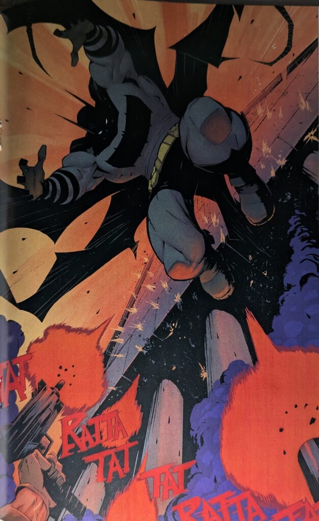 Absolute Batman drops in on the party animals while being shot at for his first offensive appearance.