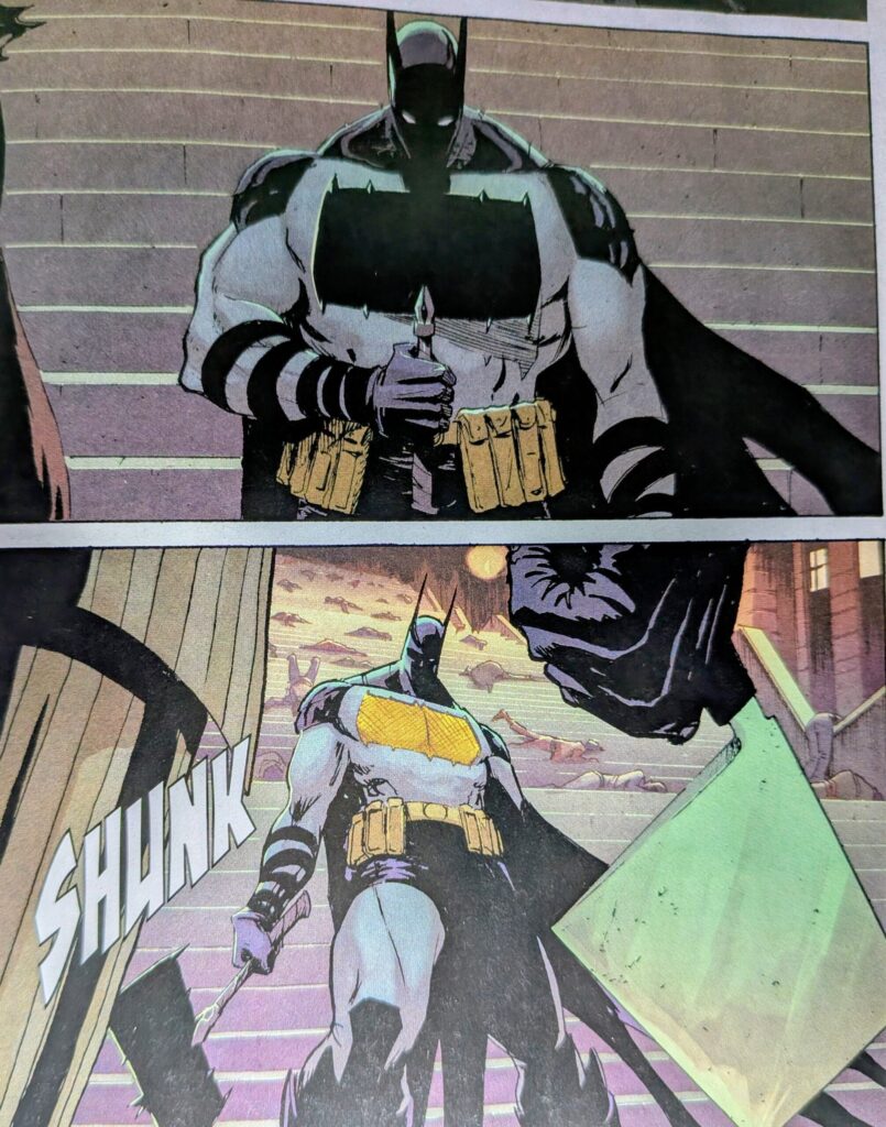 Absoltue Batman assembles his large axe for the first time in battle.