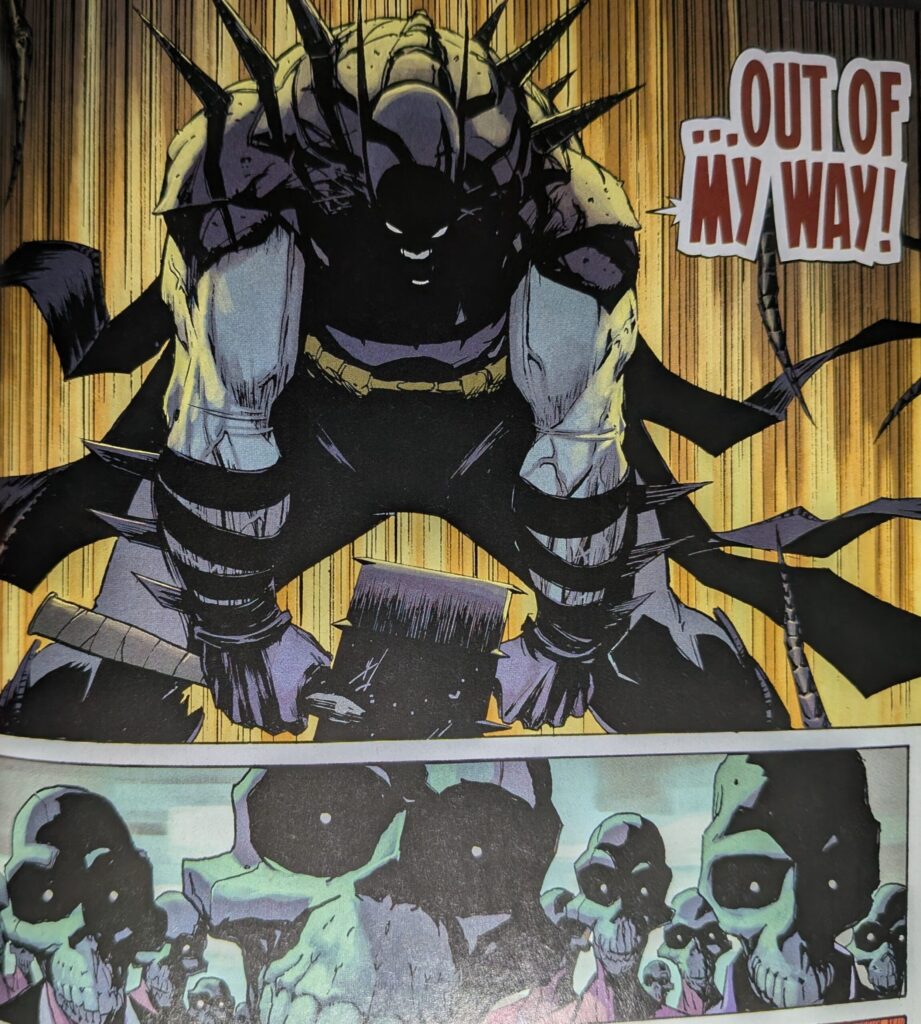 Absolute Batman yells to get out of his way with spike on his back as he fights the party animals.