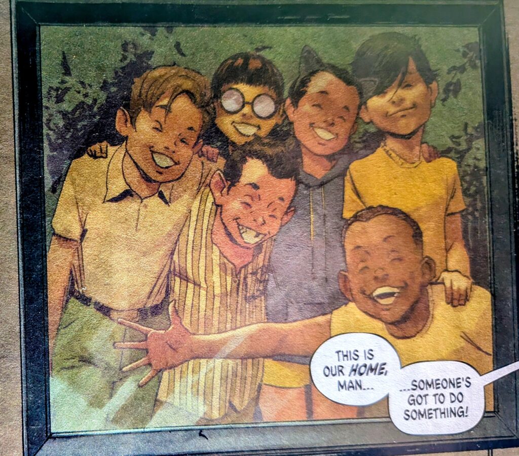 A childhood photo of friends the will eventually become Absolute Batman, Absolute Riddler, Absolute Two Face, Absolute Penguin, Absolute Killer Croc, and Absolute Catwoman