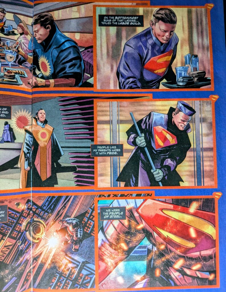 A series of images showing part of the Kryptonian system, primarily the bottommost Labor Guild who where uniforms depicting a version of the familiar Superman symbol.