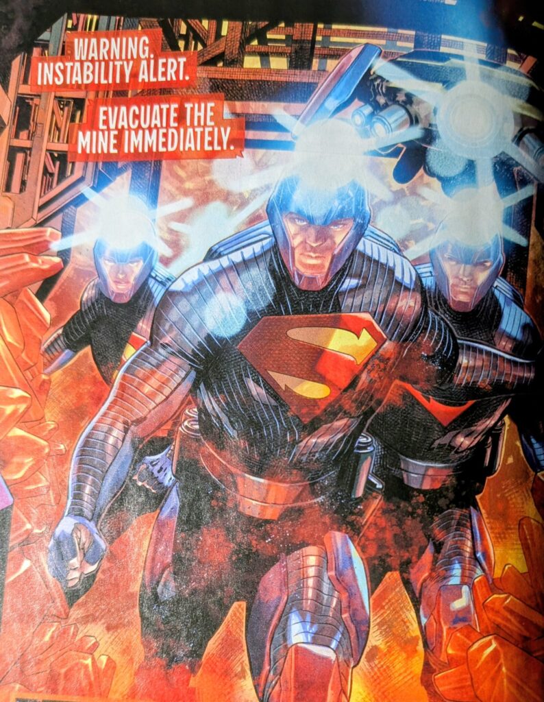 Jor-El and other Labor Guild members entering to inspect a mine that has a instability alert and is being evacuated.