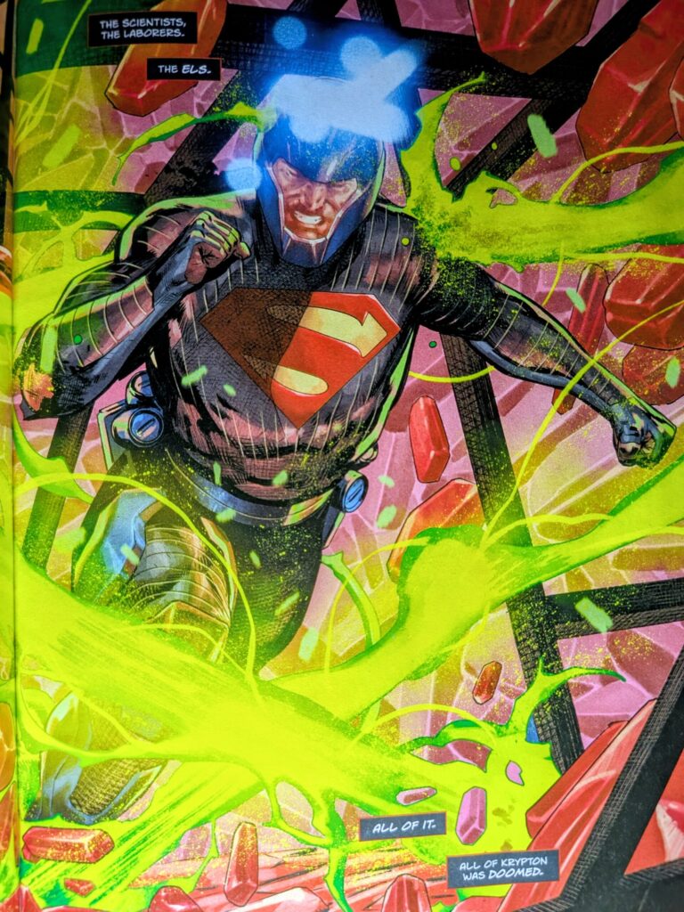 Jor-El dressed in a protective suit with a version of the familiar Superman symbol on his chest. He is in a mine as it becomes unstable spewing a Kryptonite green colored liquid or gas.