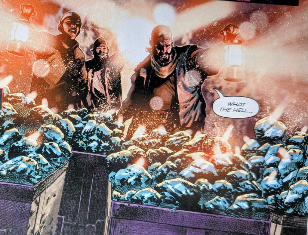 Current day miners working under Lazarus Corp. finding diamonds have already been mined and crushed before the crusher was even present. This work was done by Absolute Superman (Kal-El).