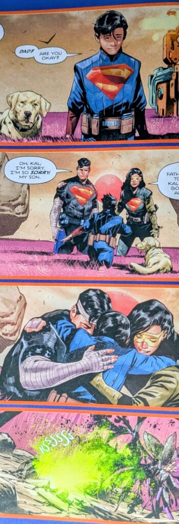 Comic panels showing a young Kal-El and his dog Krypto running to meet his parents Absolute Jor-El and Lara-El. His parents are apologizing as they have just learned that Jor-El is correct that the planet is dying.