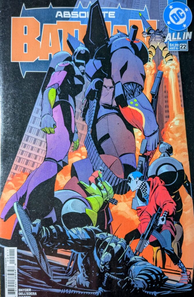 Absolute Batman #22 comic book cover depicting the large Absolute Robin team in the background while Absolute Batman and Absolute Harley Quinn run into or out of the sewer.