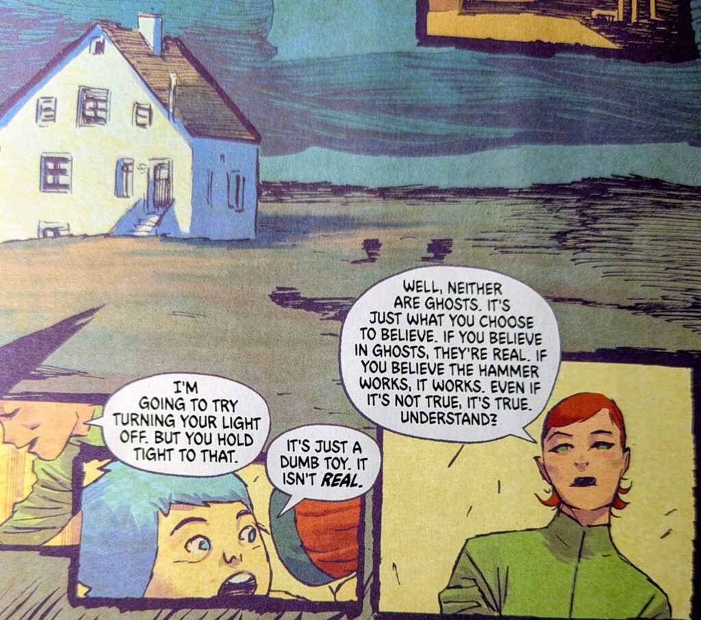 Werther Dell'Edera's SIKTC like art depicting a flashback of when Absolute Harley Quinn was younger and her mom moved them to a crooked house. Her mom tells her Ghosts are only real if she believes in them.